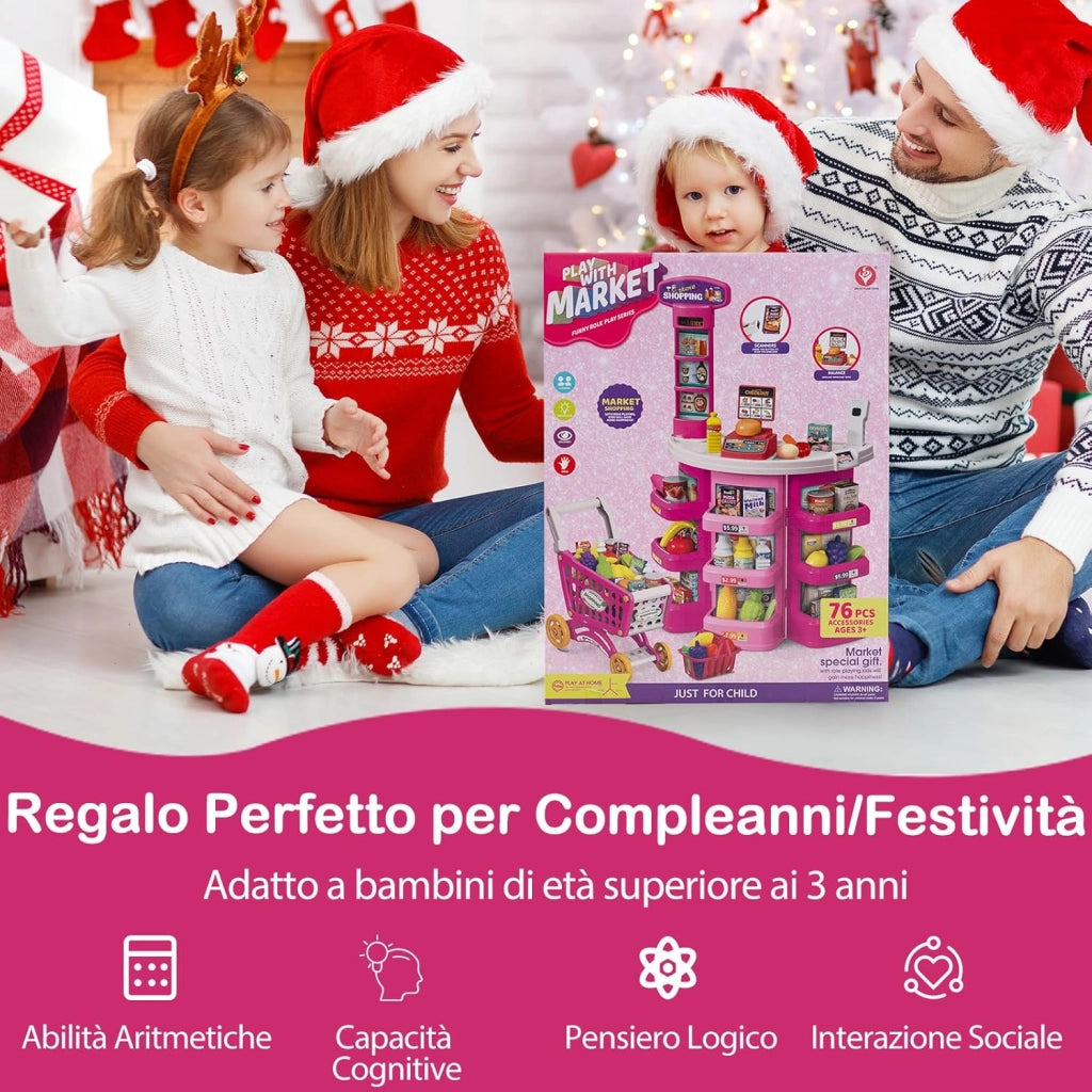 Cassa Gioco Supermercato per Bambini, Supermercato Giocattolo con Carrello della Spesa, Registratore di Cassa, Scanner, Luci e Suoni, Gioco di Ruolo con 29 Accessori (Rosa)