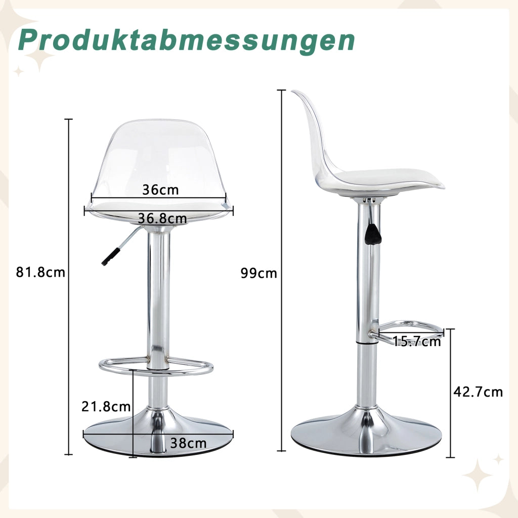 Sgabello da bar set da 2 con altezza regolabile e seduta girevole, in metallo e plastica, Bianco e argento