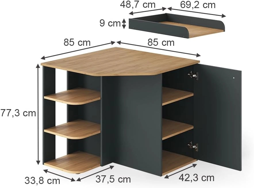 Fasciatoio Kristian, Antracite/Artisan, 85 x 77.3 cm con 3 scomparti chiusi, per l'utilizzo come fasciatoio e soluzione di stoccaggio