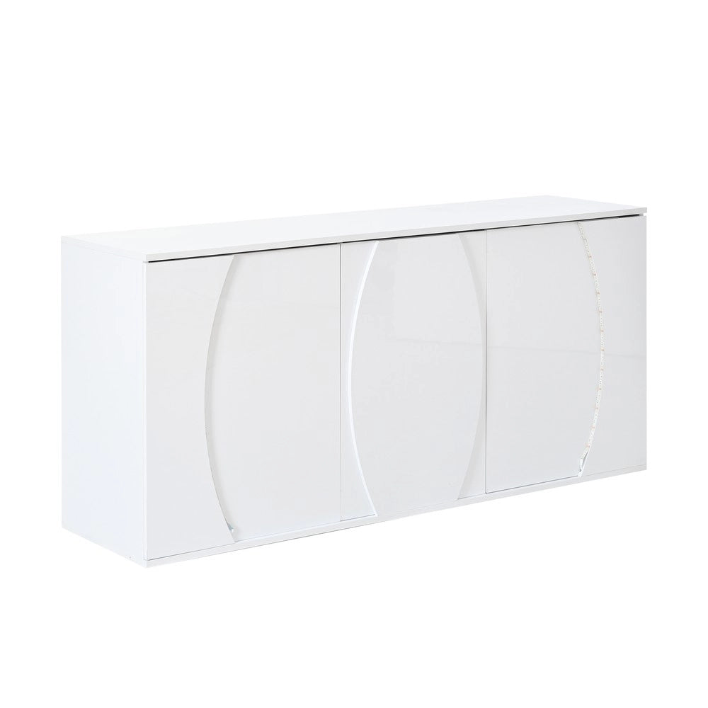 Credenza da Soggiorno con LED ¨C MINIMAL ¨C Bianco Lucido, Truciolato, 3 Ante, 150x40x70 cm