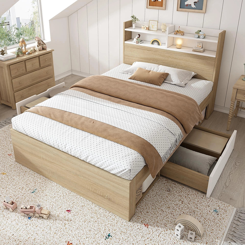 Letto legno-Xylo-90x200cm bianco/rovere 2 tiroir ripiani senza materasso