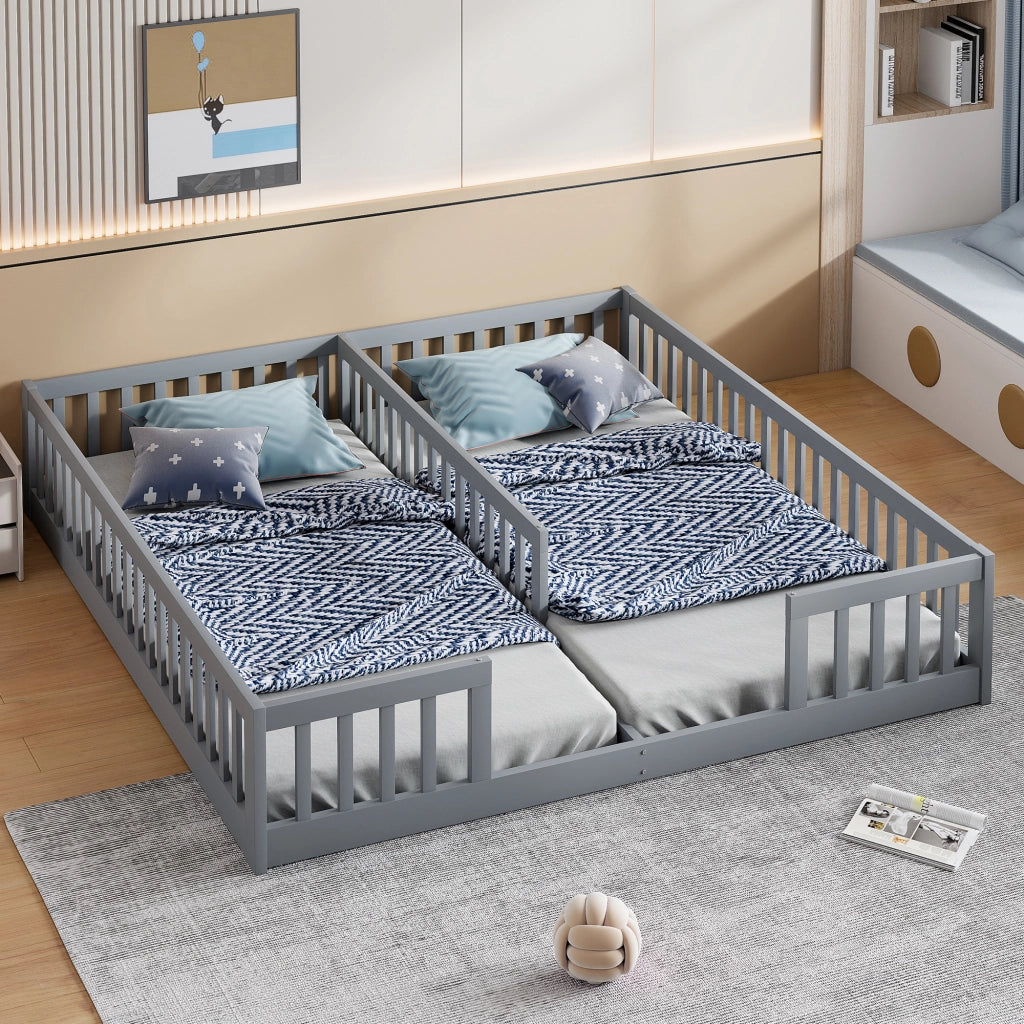 OKWISH Letto Bambini 90×200 cm, Letto Singolo a Pavimento con Sponda, 2 Posti Letto, senza Materasso, Pino e MDF, Grigio