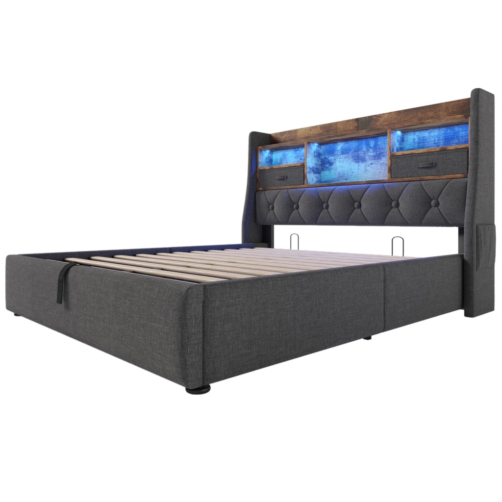 OKWISH Letto Contenitore 160×200 cm, Letto Matrimoniale con LED Regolabile, USB, Tipo C e Mensola, senza Materasso, in Lino, Grigio