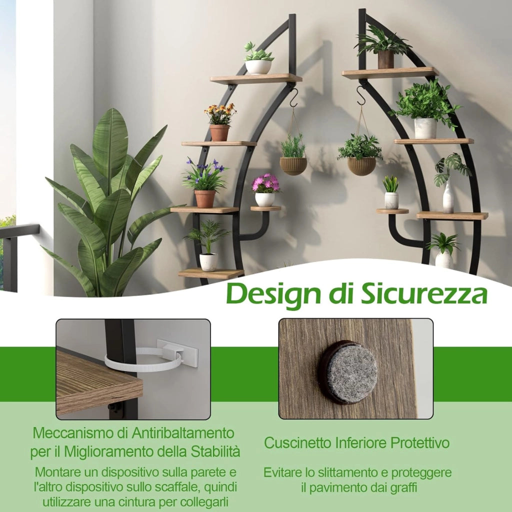 Scaffale per Piante a 7 Livelli, Scaffale a Forma di Mezza Luna con Gancio e Dispositivo Antiribaltamento, Porta Piante e Fiori per Interno, Balcone e Soggiorno, 60 x 30 x 155 cm (1 PEZZO)
