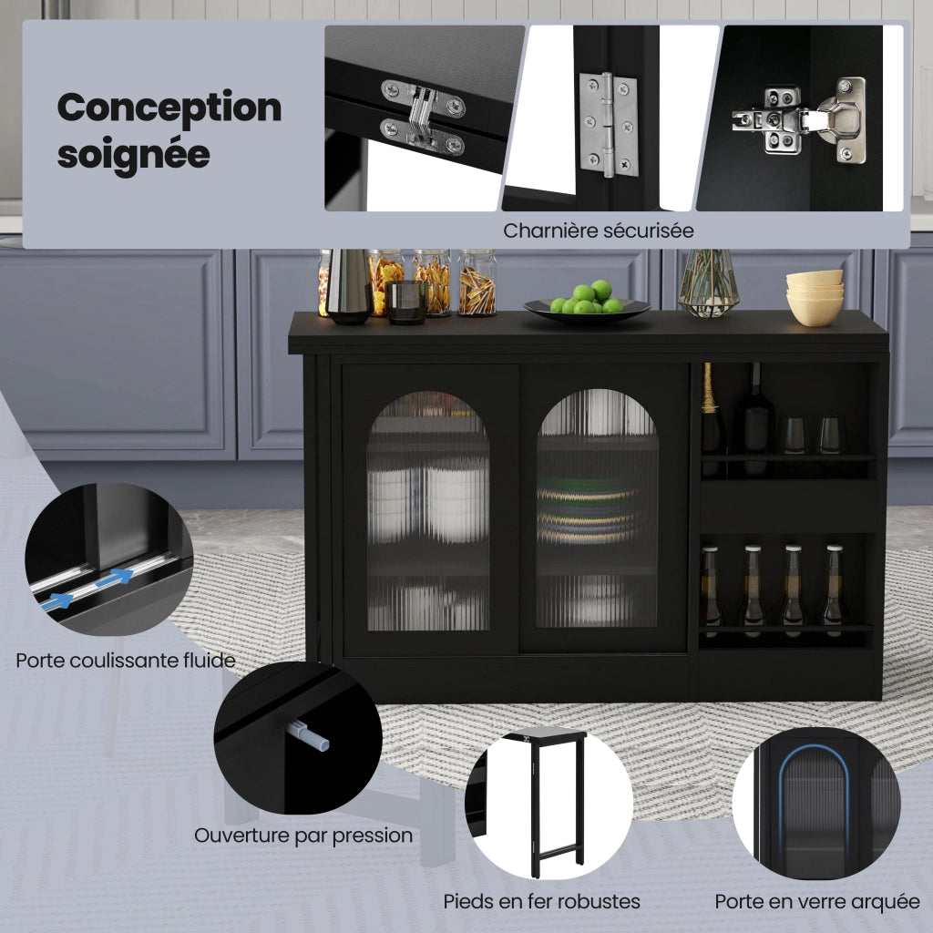 Tavolo Estensibile con 1 Anta; 2 Ripiani Regolabili e Ripiani Aperti; Piano Girevole a 360°; per Cucina; MDF; 121;5 x 40 x 76;7 cm; Nero