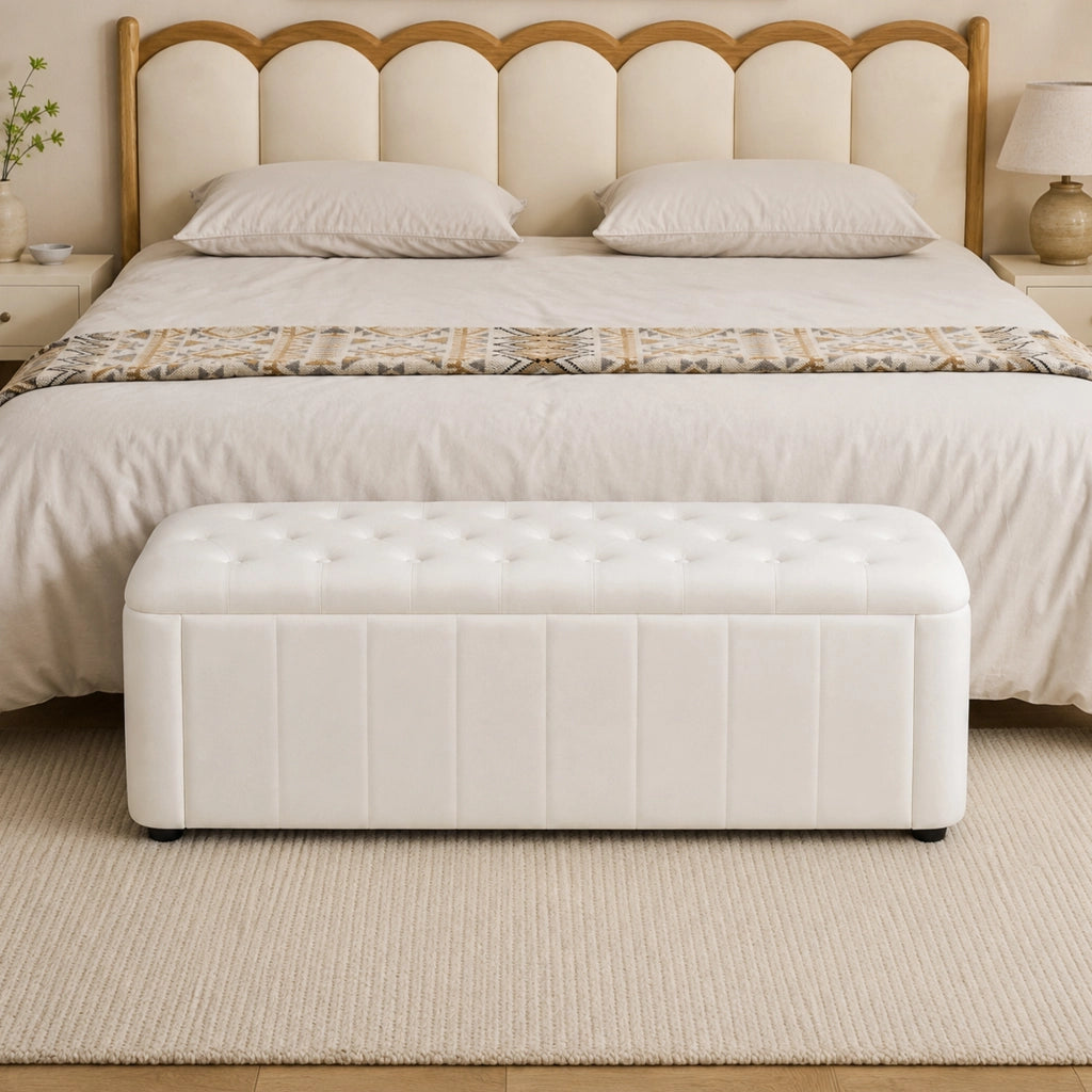 Panca contenitore in velluto con angoli arrotondati e seduta imbottita per soggiorno e ingresso beige 132 × 47 × 24 cm