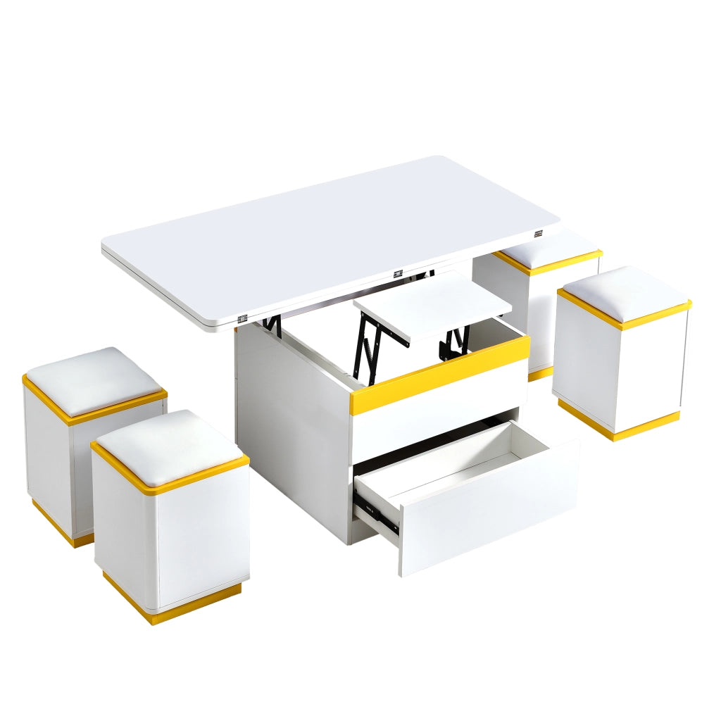 OKWISH Tavolino da Salotto Alzabile con 1 Cassetto, Vani Aperti e 4 Sgabelli Contenitore, 100 x 50 x 43 cm