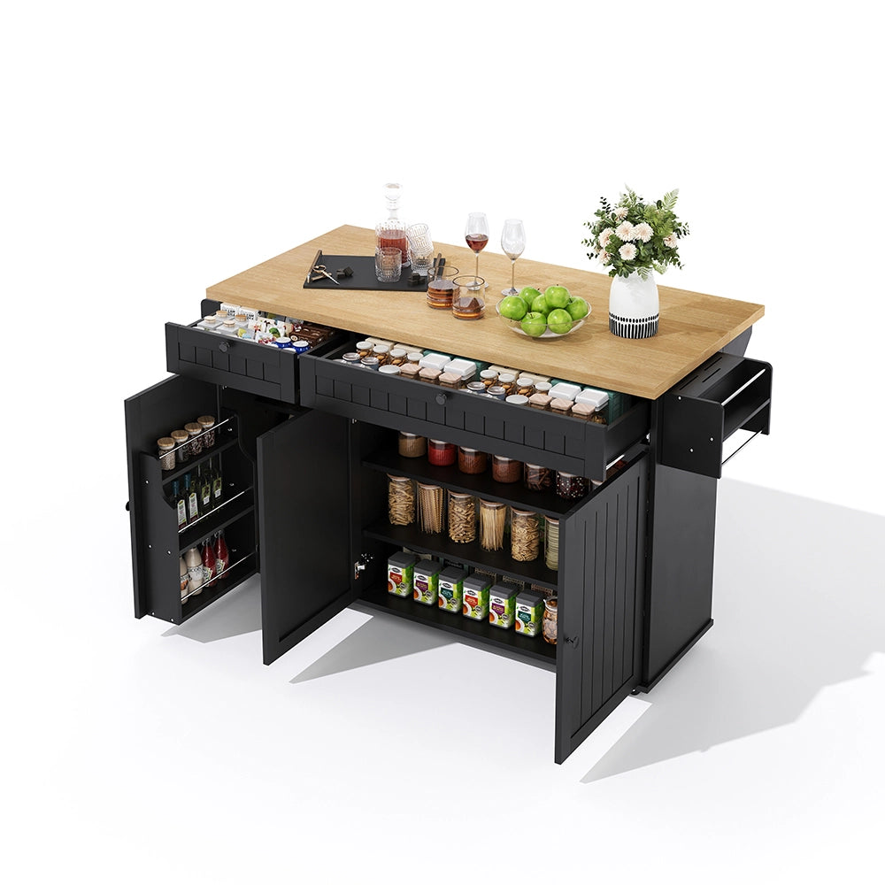 Isola cucina 6 ruote - Xylo - 137x89x45cm nero 2 cassetti