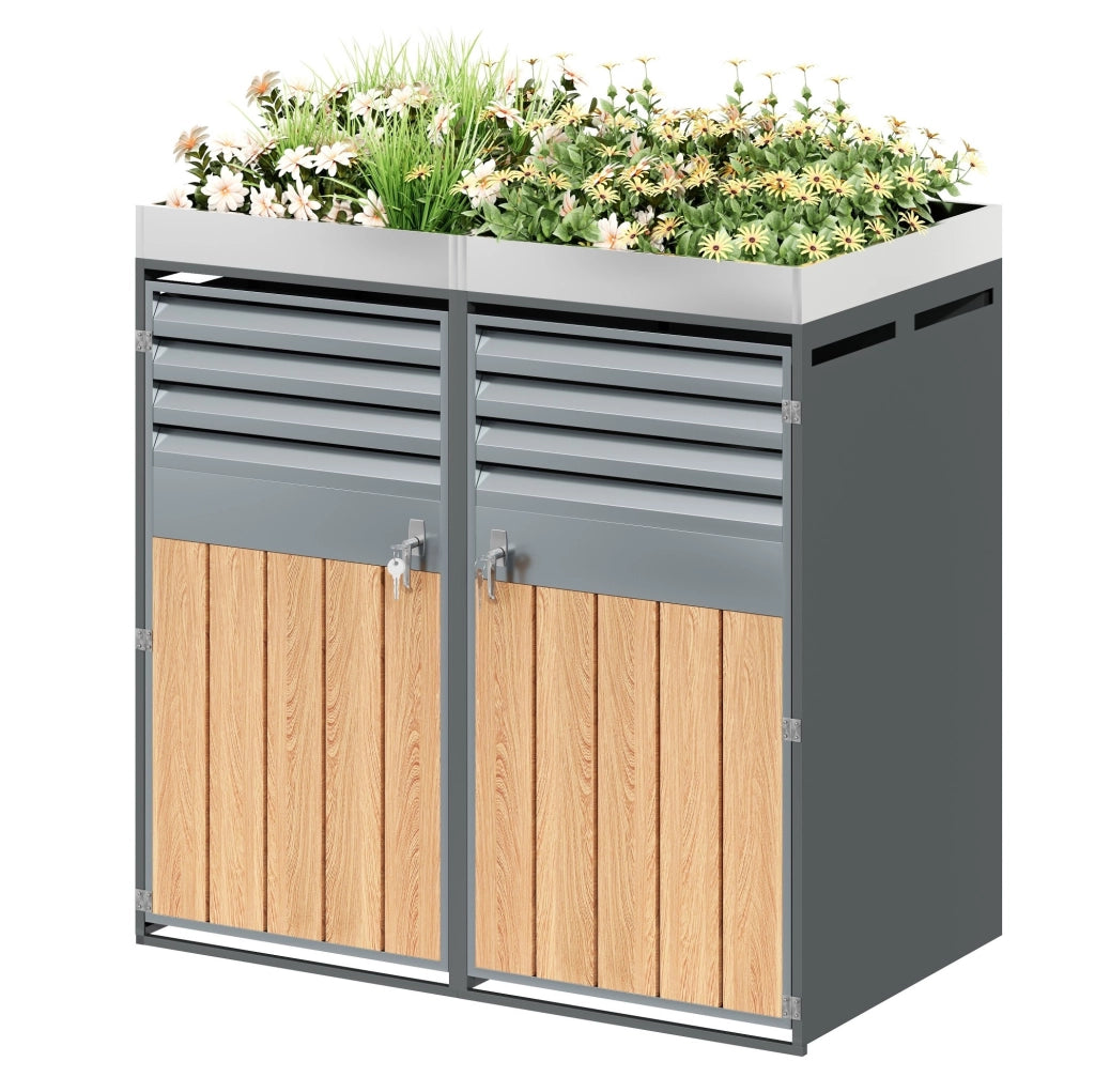 Armadio portarifiuti da esterno con fioriera integrata; 4 vani; acciaio zincato; grigio effetto legno