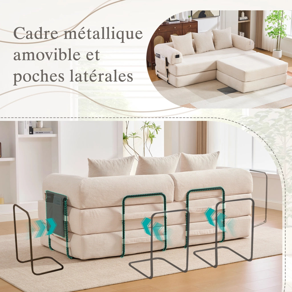Divano modulare in corduroy con struttura in metallo, tasca laterale, 3 cuscini e pouf, design versatile beige