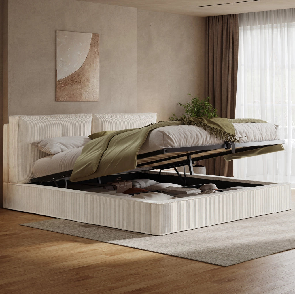 Letto matrimoniale imbottito 180x200 cm con contenitore idraulico; testiera 105 cm; beige in corduroy