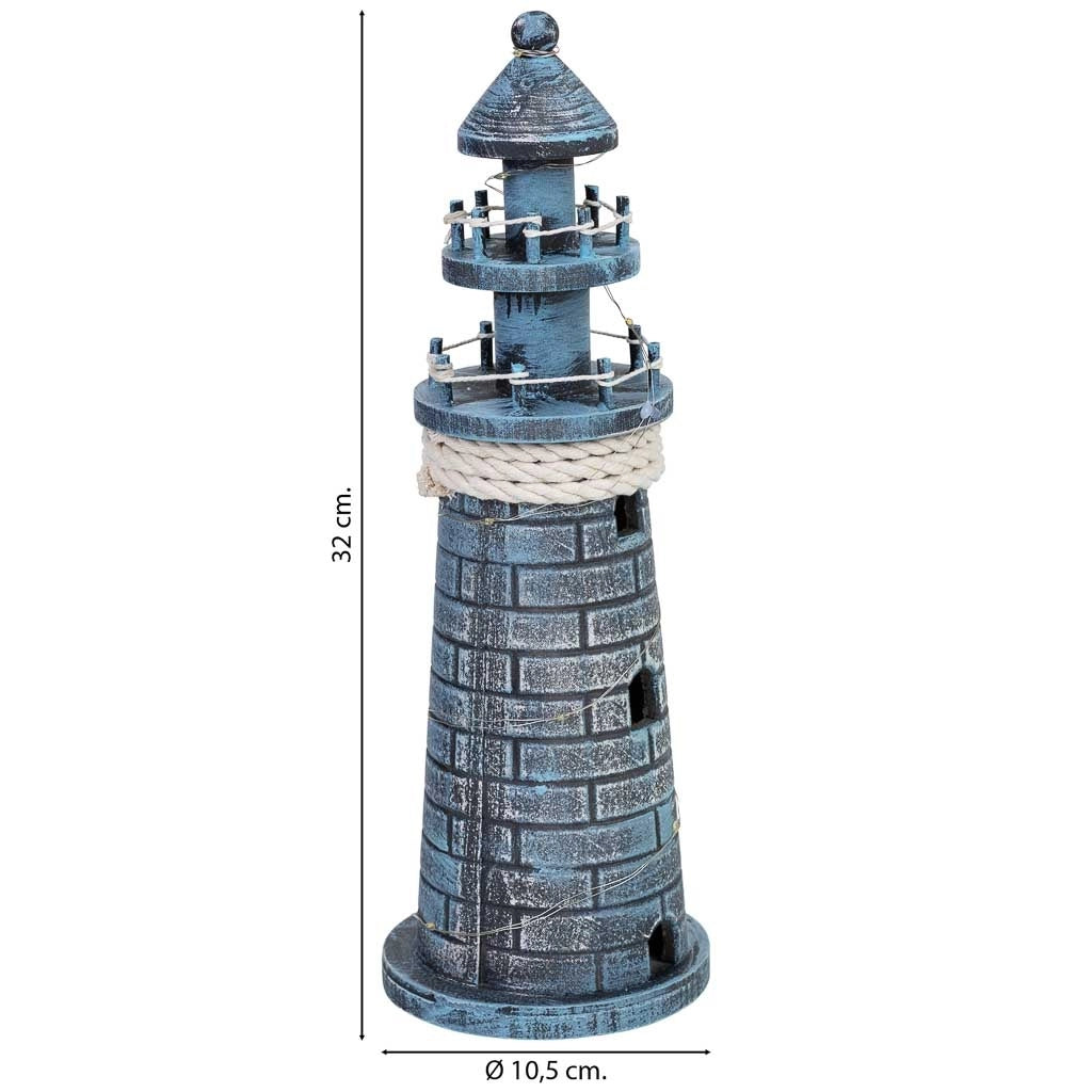 Figura decorativa a forma di faro in legno con LED blu 10,5x10,5x32h cm