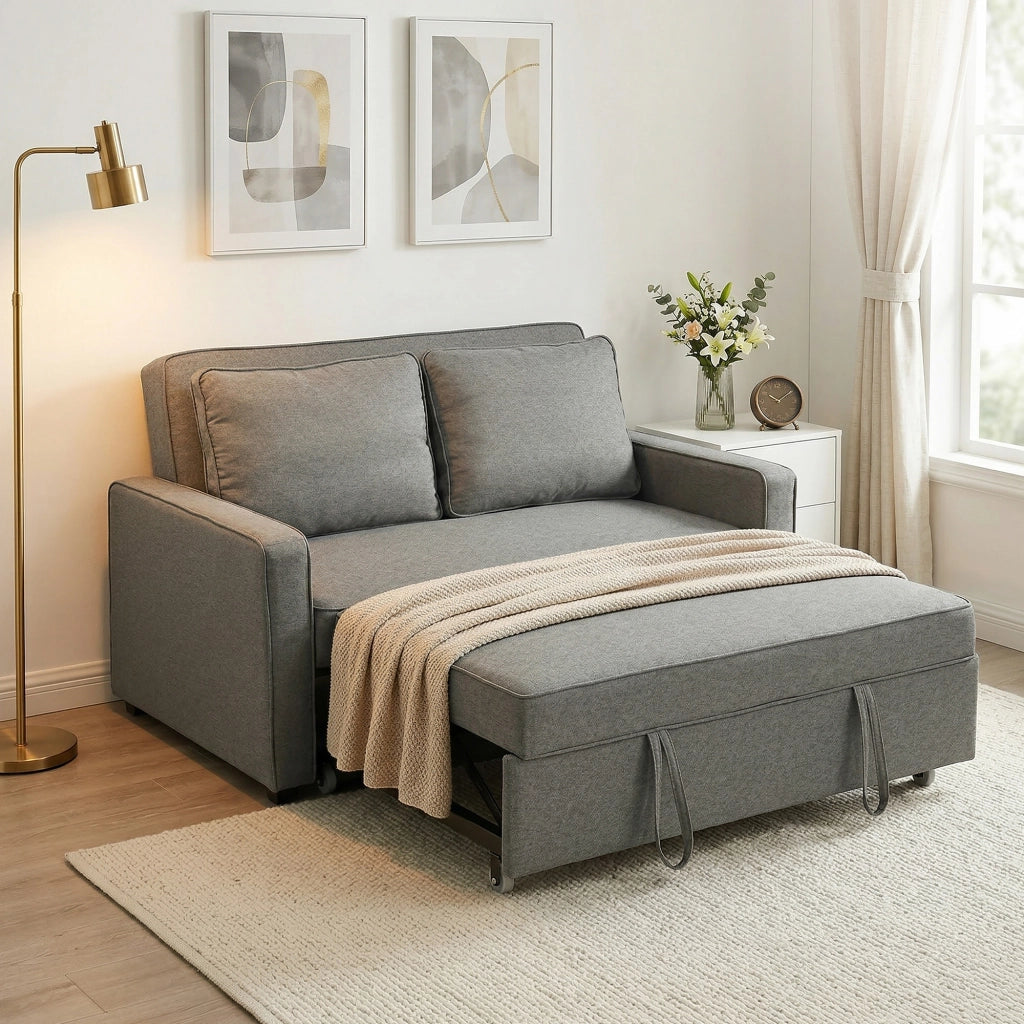 Divano Letto 2 Posti con Schienale Regolabile e Cuscini ¨C Zephmum ¨C Tessuto Grigio