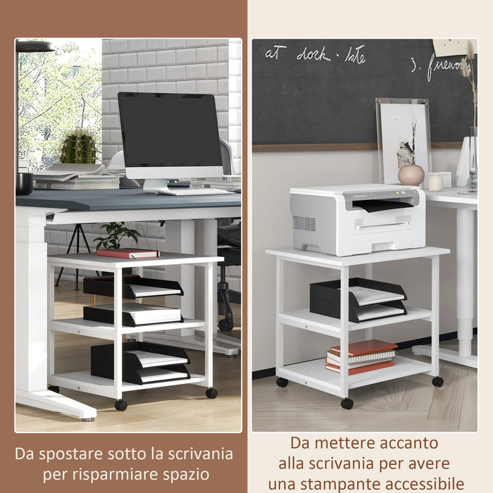 Carrello Porta Stampante a 3 Ripiani con 4 Ruote 50x50x52,5 cm Legno e Acciaio Bianco