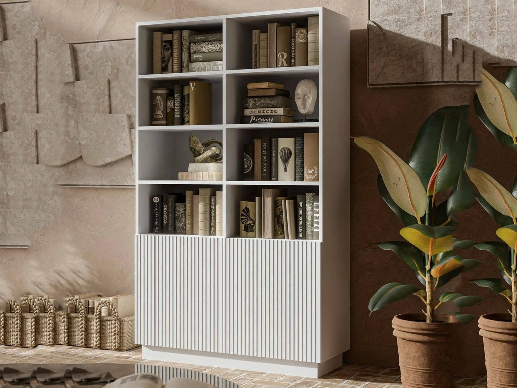 Libreria Miniato, Mobile portalibri con vani aperti e due ante, Design moderno e minimale, 172x40 h100 cm, Bianco