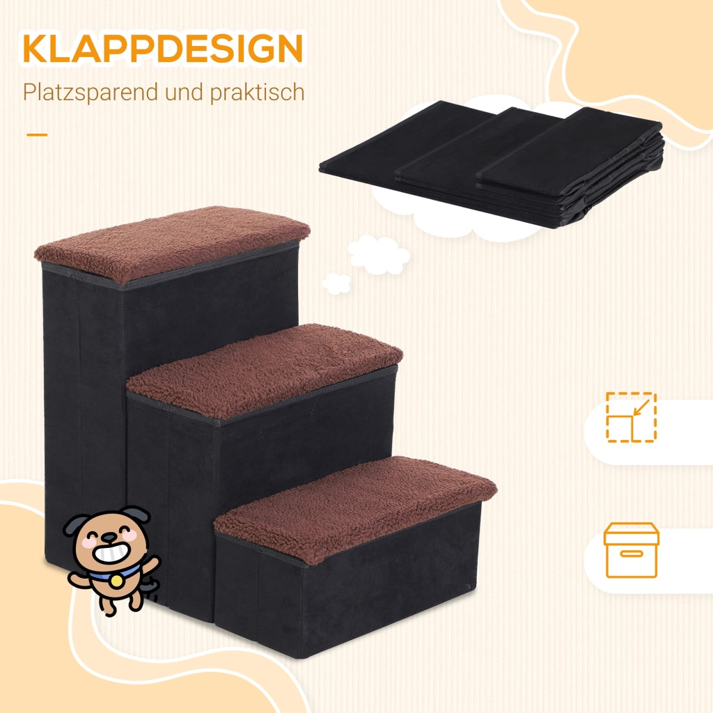Scaffale pieghevole a 3 gradini con vano contenitore per animali in legno nero 40 × 54 × 48 cm