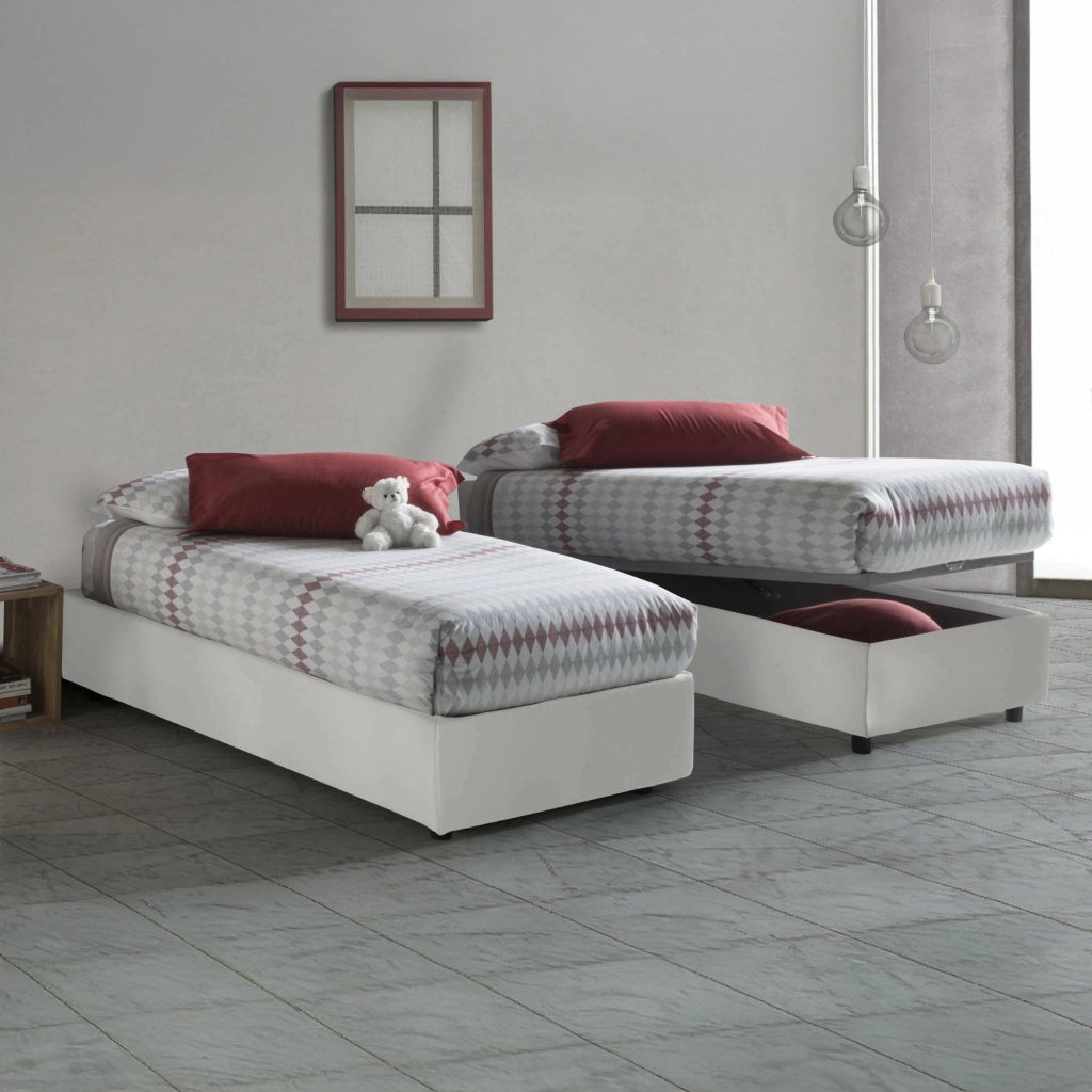 Letto singolo Angelina, Letto contenitore con rivestimento in ecopelle, Made in Italy, Apertura frontale, adatto per materasso cm 90x190, Bianco