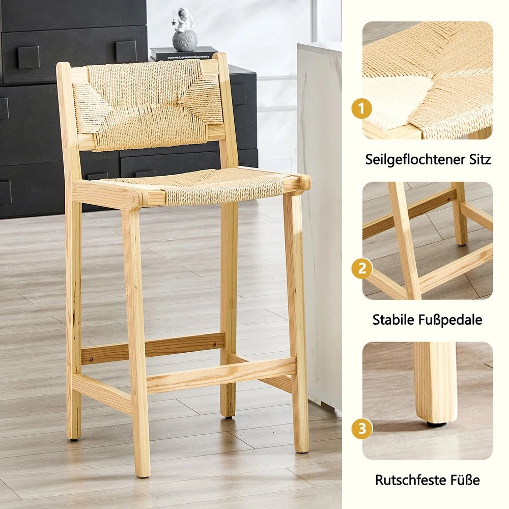 Set 2 Sgabelli da Bar ¨C MINIMAL ¨C Rattan, Legno Massello, Corda Intrecciata, Stile Country