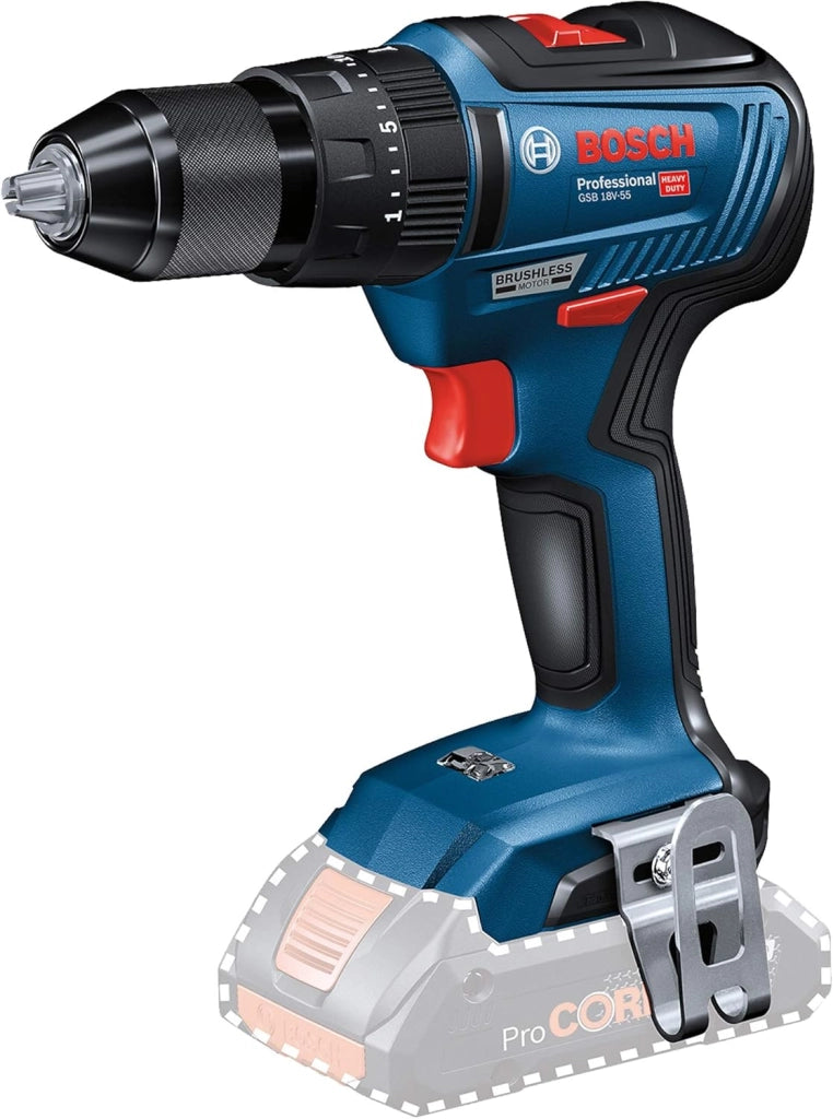 Bosch Professional 06019H5303 Trapano a Percussione Gsb 18 V-55, Senza Batteria, 18 Volt, Diametro Foro in Muratura: 10 mm, in L-Boxx, Blu