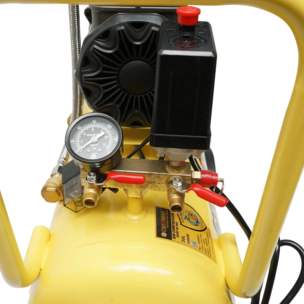 Compressore d'aria silenzioso oil-free da 30 litri, potenza motore 1,5 kW/2 CV, pressione massima 8 bar, volume di aspirazione aria 130 l/min Crownman