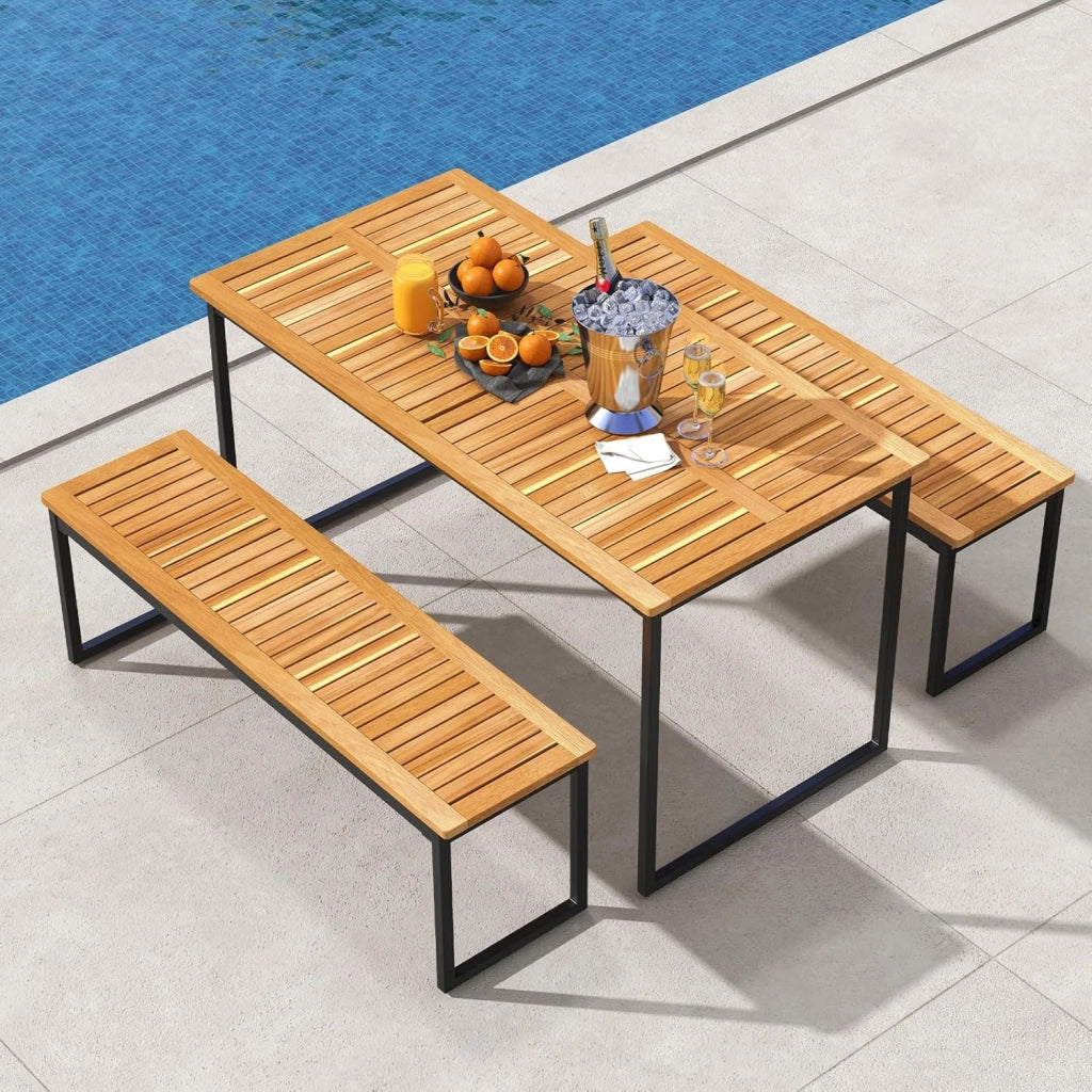 Tavolo da pranzo per esterni, 140 x 70 x 70 x 70 cm, con foro per ombrellone e tavolo in legno di acacia, per 6-8 persone, tavolo da cucina per giardino e casa