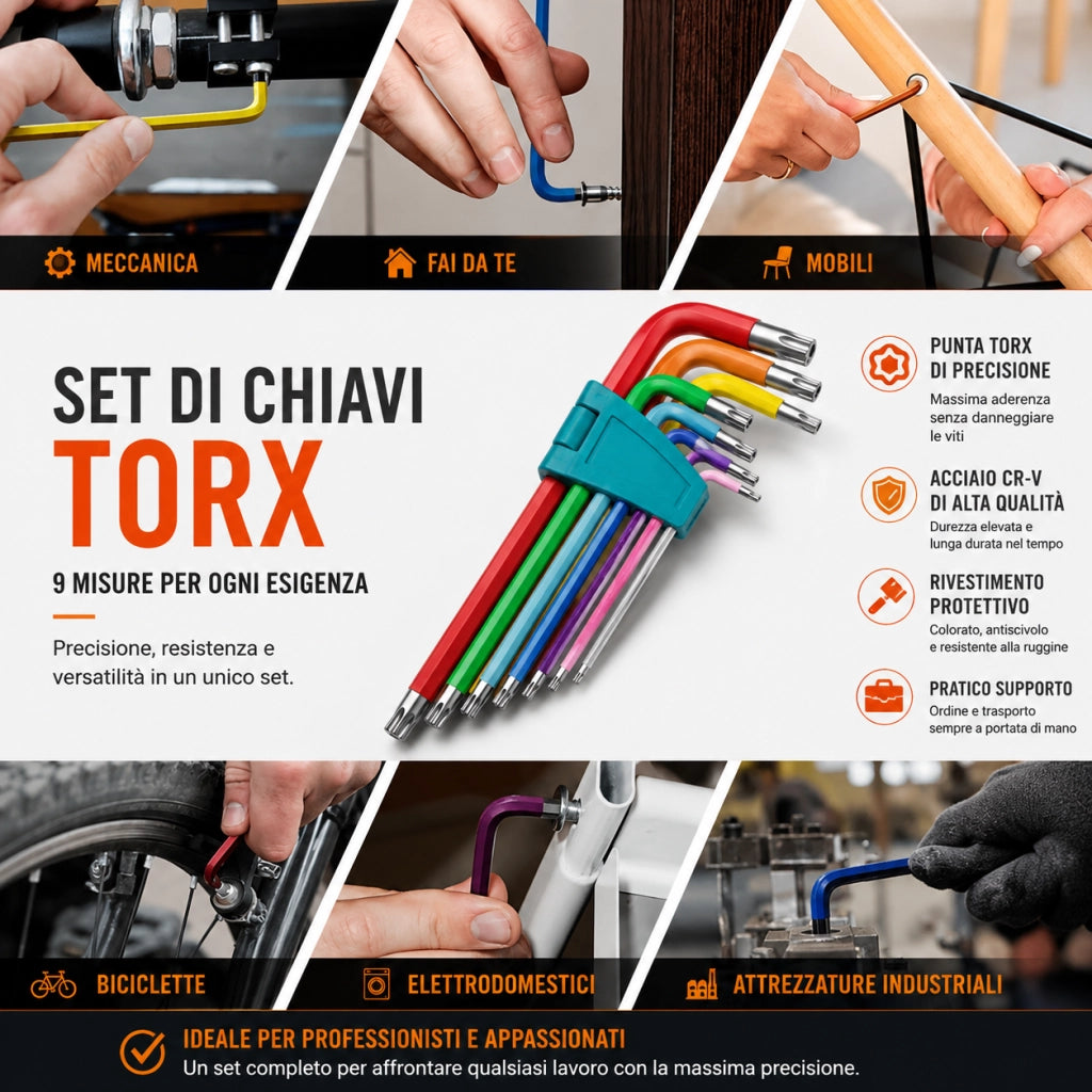 Set 9 Chiavi Torx Ad Elle con Foro Extra Lunghe Colorate Antiscivolo T10-T50