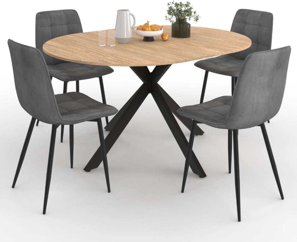 Tavolo da Pranzo Rotondo allungabile Alix 110-150 cm e 4 sedie Mila in Velluto Grigio Scuro