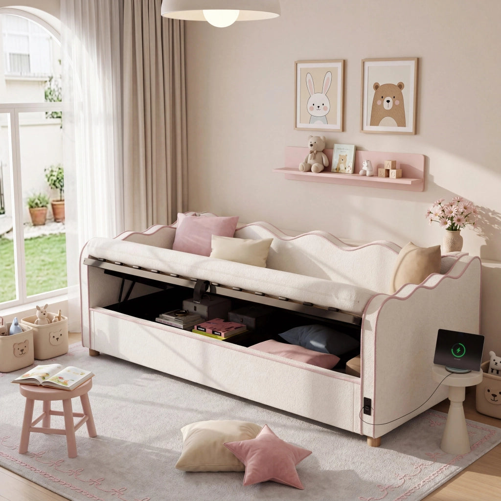 Divano letto 90x200 cm, con vano portaoggetti, presa USB, imbottitura morbida, tessuto boucl??, beige e rosa
