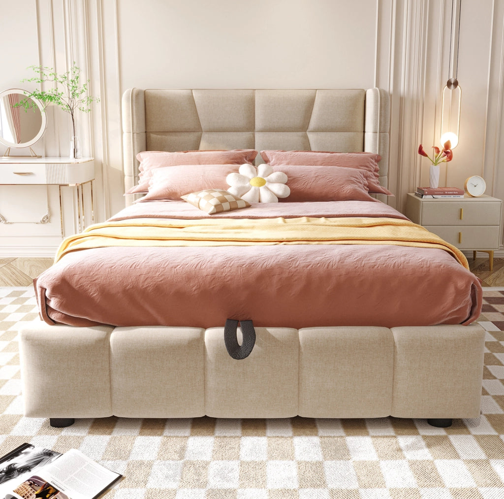 Letto singolo imbottito ULEVR 90x200 cm con vano contenitore sollevabile e testiera, beige
