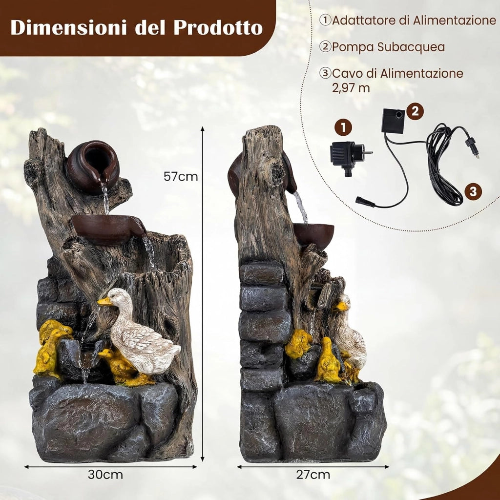 Fontana a Cascata da Esterno con Illuminazione LED e Pompa | Fontana da Giardino in Resina Effetto Pietra e Legno con Anatre per Cortile e Salotto 30 x 27 x 57 cm