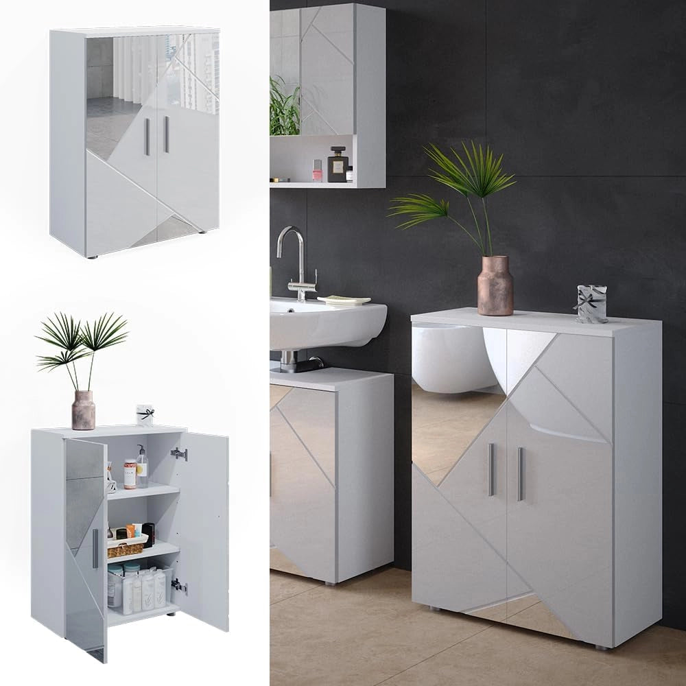 Mobiletto bagno Irma, Bianco lucido con inserti, 60 x 81 cm, per la conservazione in bagno e abbinabile alla serie Irma