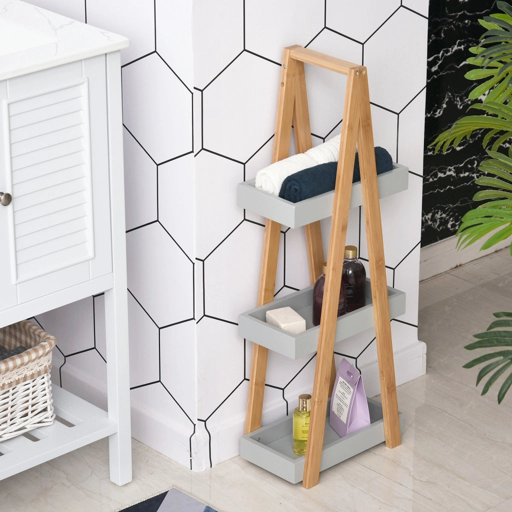 EasyComfort Scaffale Salvaspazio da Bagno in MDF e Bambù, Forma a Piramide con 3 Mensole, Color Legno e Grigio, 30x18x81cm