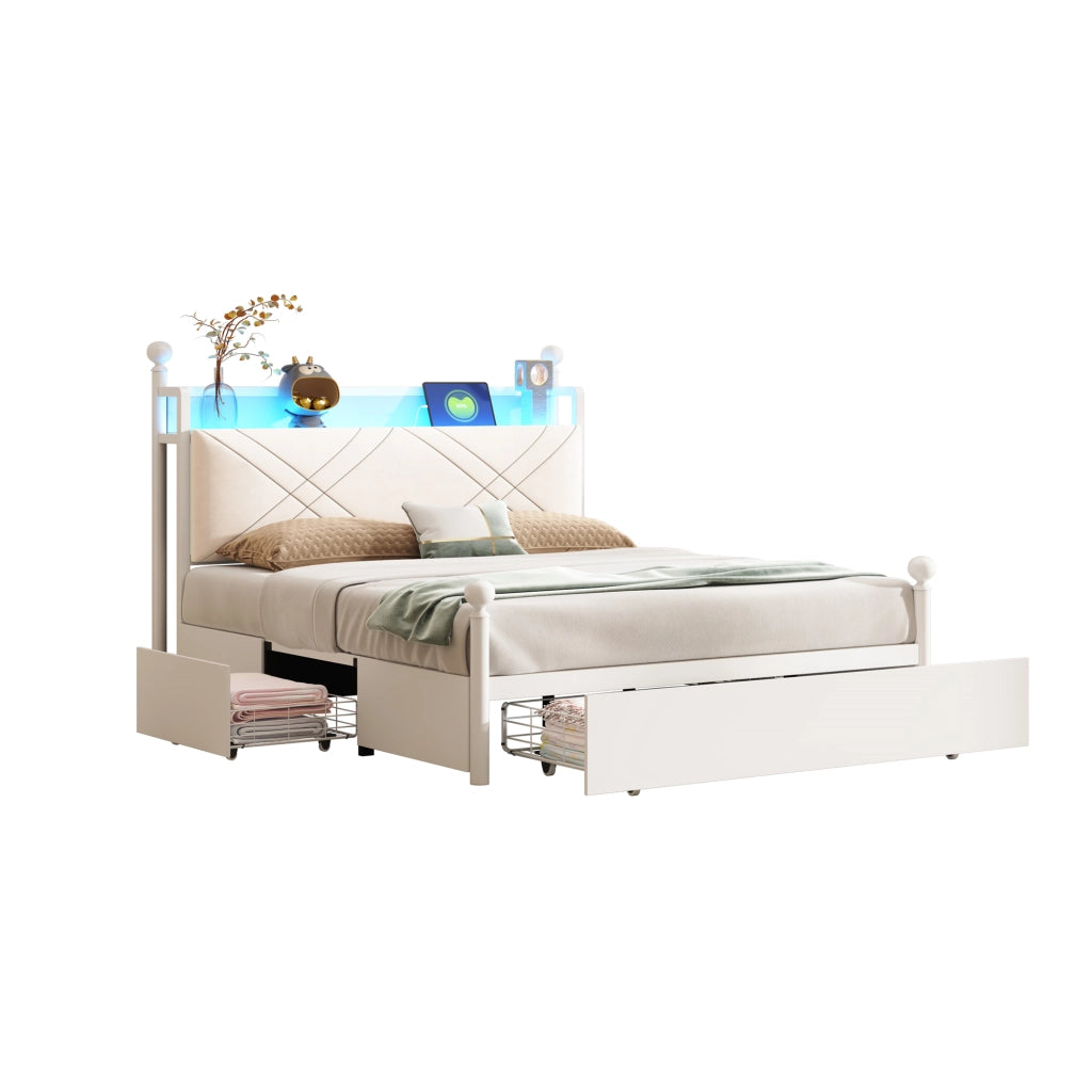 Letto matrimoniale 140×190 cm con contenitore; 3 cassetti; LED; USB e Type-C; senza materasso; bianco