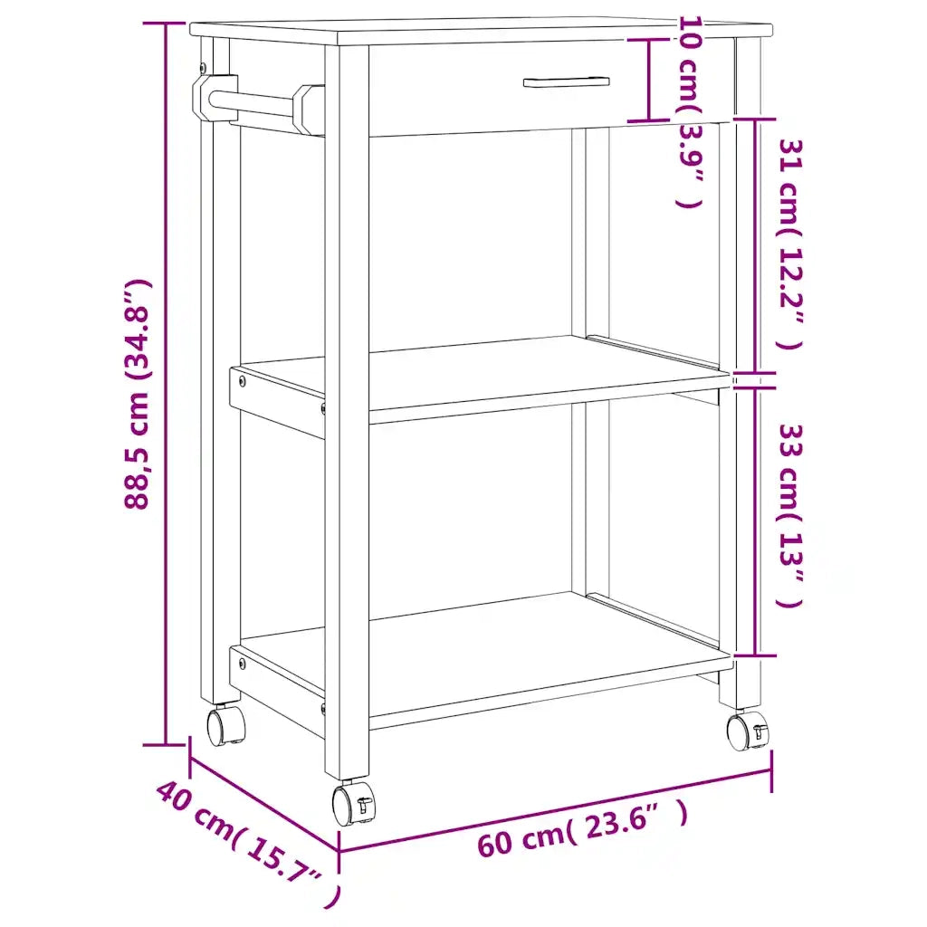 Carrello da Cucina MONZA 60x40x88,5 cm in Legno Massello di Pino 376096