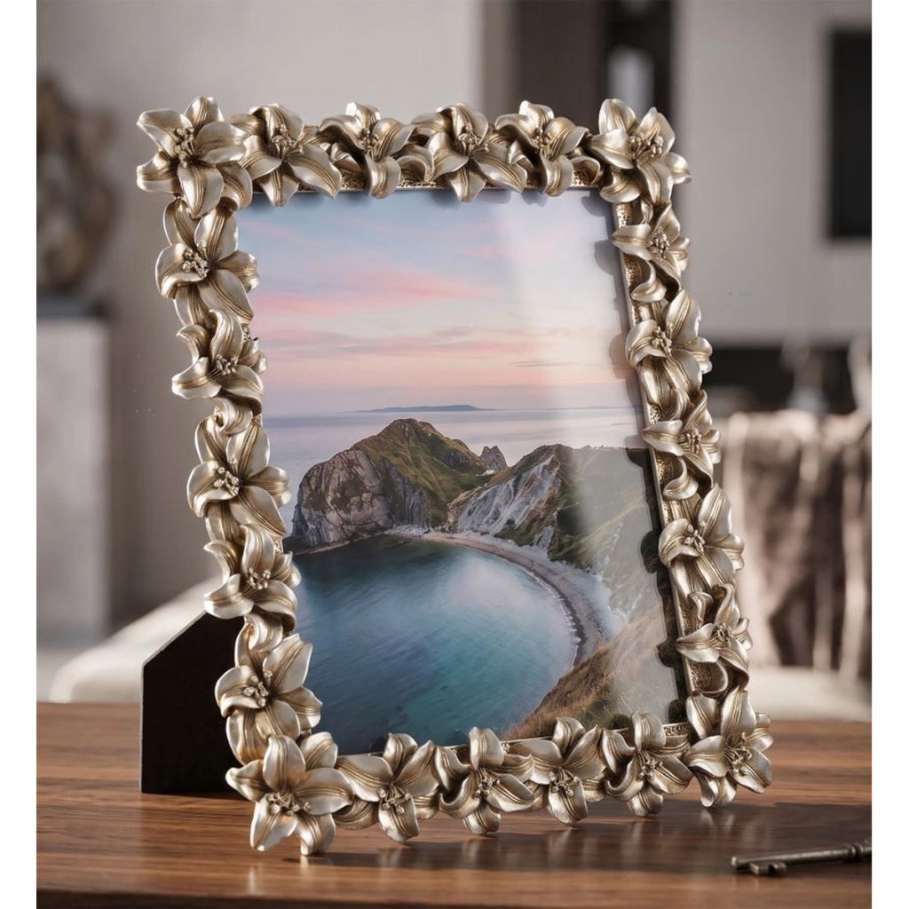 Cornice portafoto Glamour con decoro floreale in argento antico