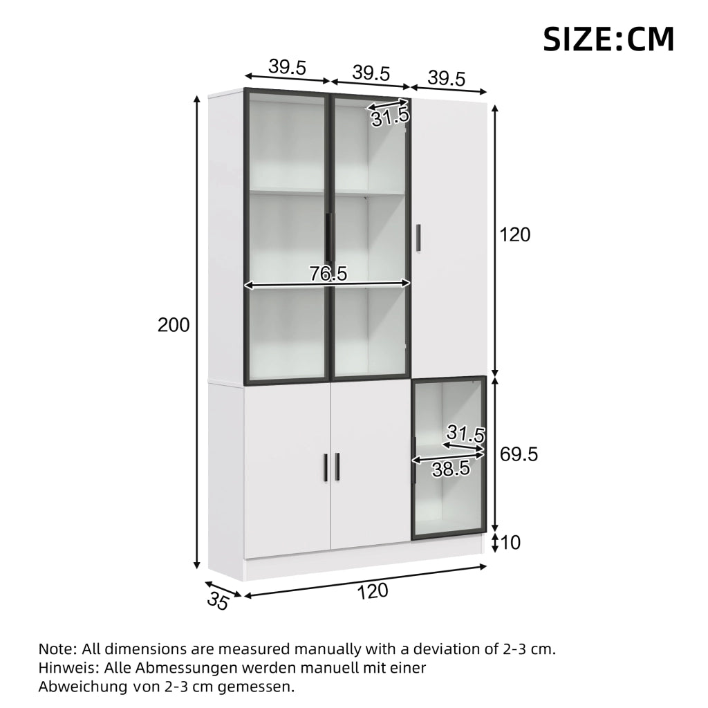 Vetrina con 3 ante in vetro e LED, 10 vani contenitore, per soggiorno e studio, bianco, 120 × 35 × 200 cm