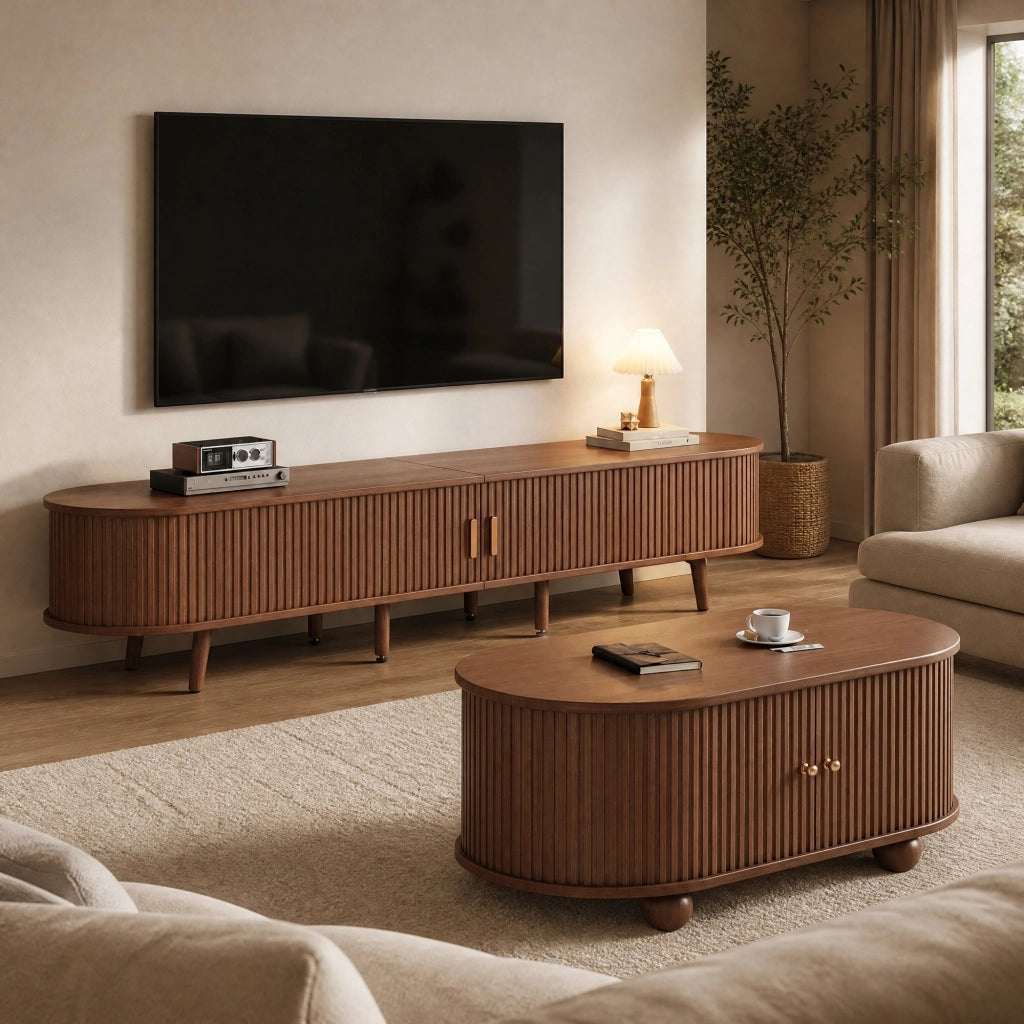 Set mobile TV e tavolino da caffè in MDF color noce, 2 pezzi