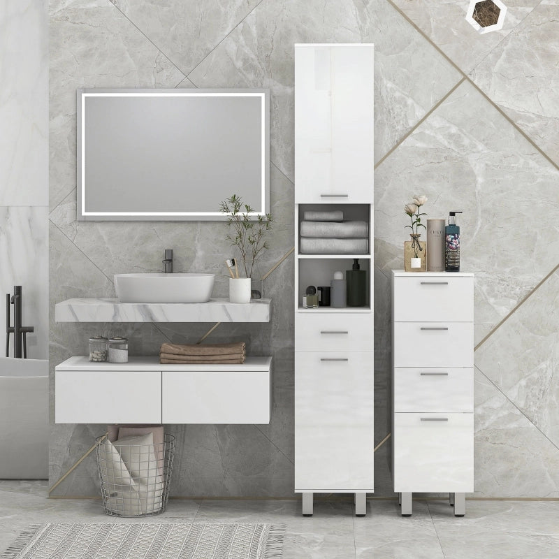 Mobiletto bagno stretto bianco con 4 cassetti, design lucido, 30 x 30 x 93 cm