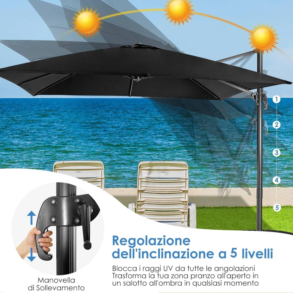 Ombrellone da Giardino 3 x 3 m, Ombrellone Pieghevole da Esterno con 3 Inclinazioni, Rotazione a 360°, Manovella, 8 Stecche, Base Incrociata, Angolo Regolabile, per Giardino, Balcone (Nero)