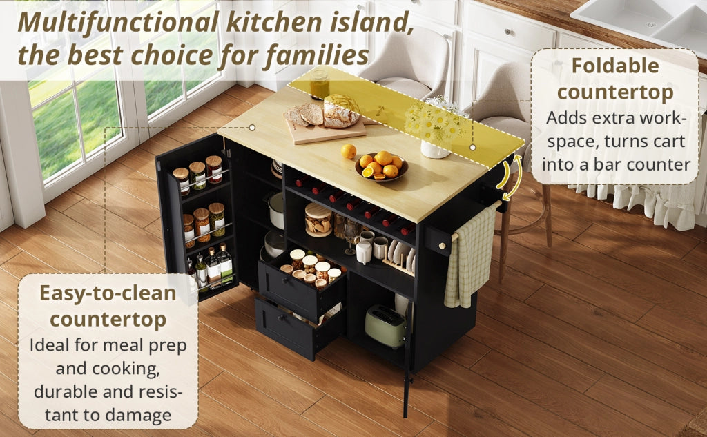 CARRELLO ISOLA CUCINA 104x45(69)x89 cm in MDF Natural/Black, piano ribaltabile