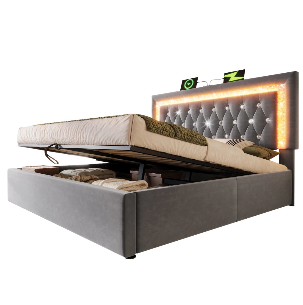 Letto matrimoniale 160x200 cm in velluto grigio con LED; USB e USB-C; contenitore idraulico