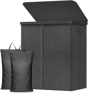 Wasmachine 145L con 2 compartimenti e coperchio, grande doppia vasca lavatrice con tasche rimovibili, vasca lavatrice in plastica alta con compartimenti per camera da letto, bagno, dormitorio, lavanderia, grigio scuro