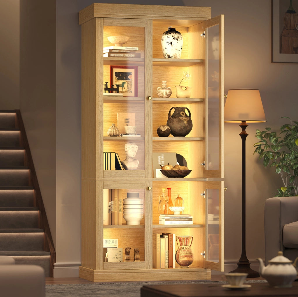 Armadio alto con LED multicolore, vetro e ripiani effetto legno
