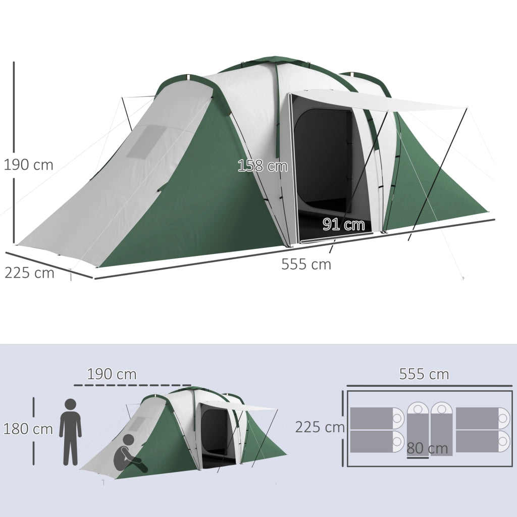Tenda da Campeggio 555x225x190 cm per 4-6 Persone con 2 Camere Grigio e Verde