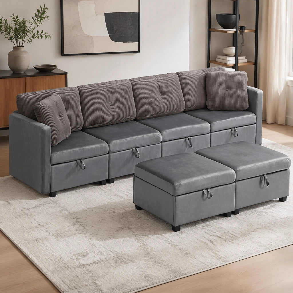 DIVANO modulare a U 261x132,5 cm velluto e corda grigio antico