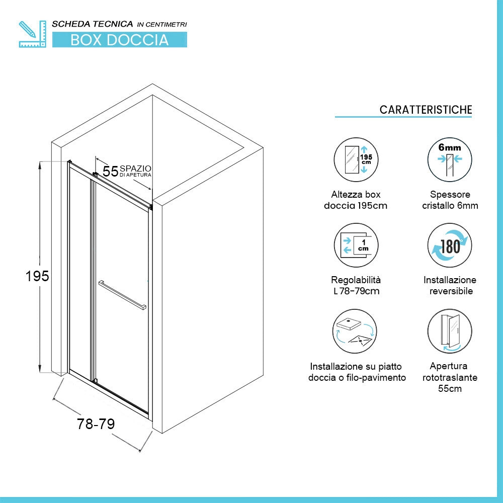 Porta doccia nicchia 80 cm rototraslante in vetro temperato trasparente con profili cromo Nerea