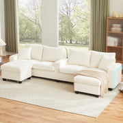 Divano a U in velluto a coste con 2 pouf; lampada; USB/Type-C e LED; beige
