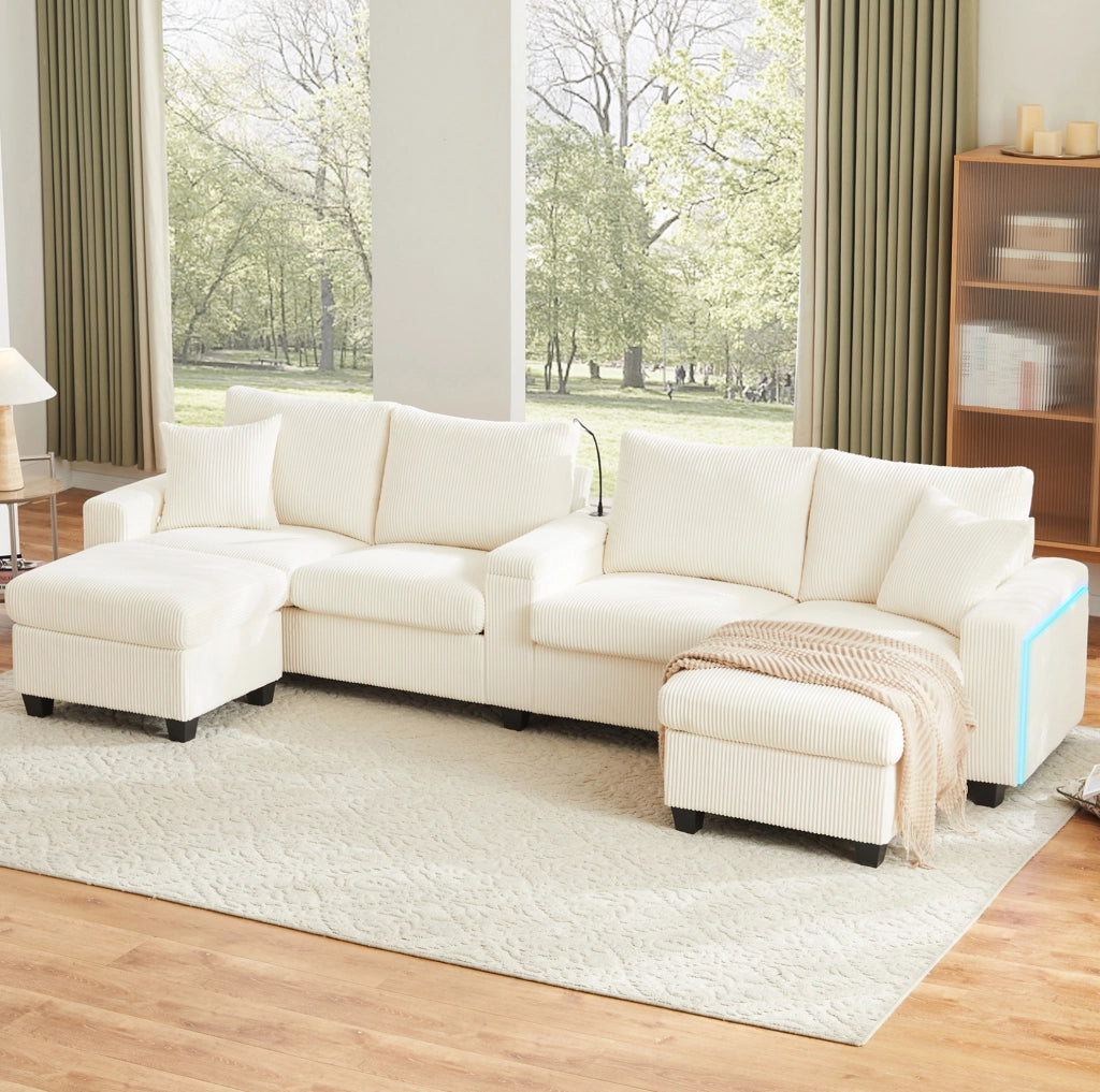 Divano a U in velluto a coste con 2 pouf; lampada; USB/Type-C e LED; beige