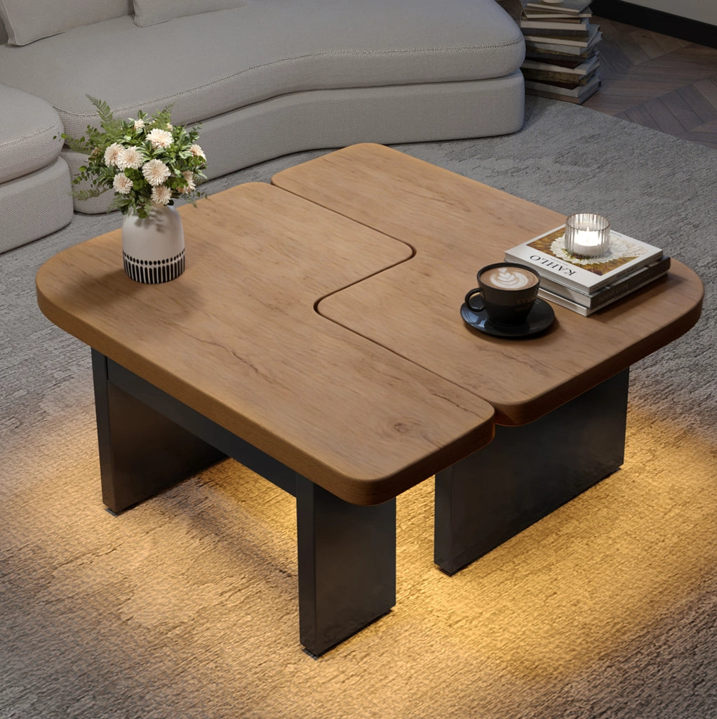 Tavolino da caff猫 2 in 1 con LED; 90 x 60 x 44;5 cm; in MDF effetto legno naturale e nero