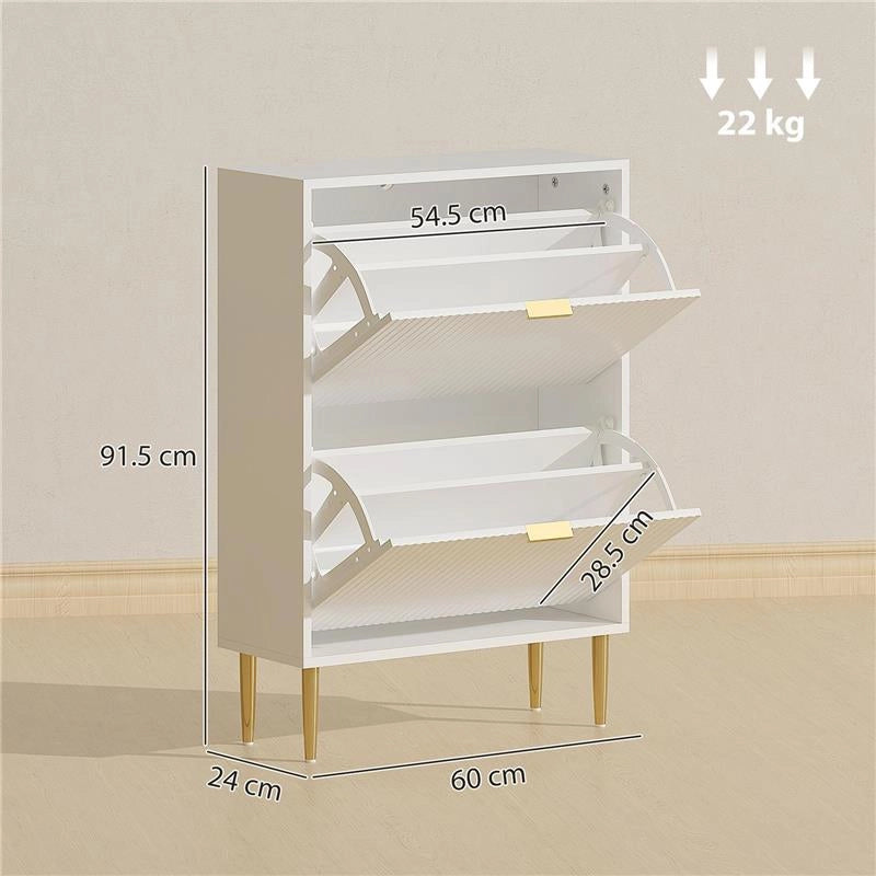 SCARPIERA SLIM PER 12 PAIA DI SCARPE CON 2 CASSETTI A RIBALTA E RIPIANI REGOLABILI, 60X24X91.5 CM, BIANCO